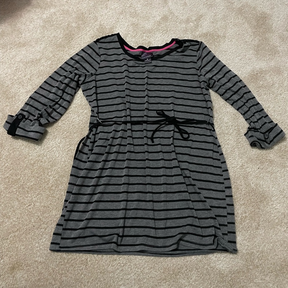 Black and gray striped maternity shirt with tie